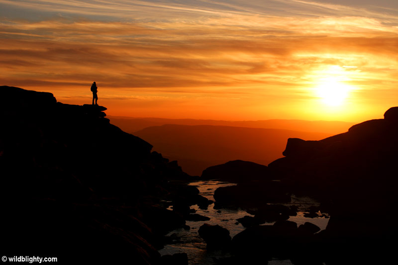 Sunset at Kinder Downfall on Kinder Scout in the Peak District.