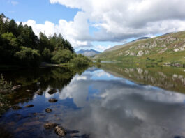 Lake view of Llynnau Mymbyr with Snowdon visible in the distance