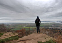 Elevated view standing on the sandstone edge atop Frodsham Hill